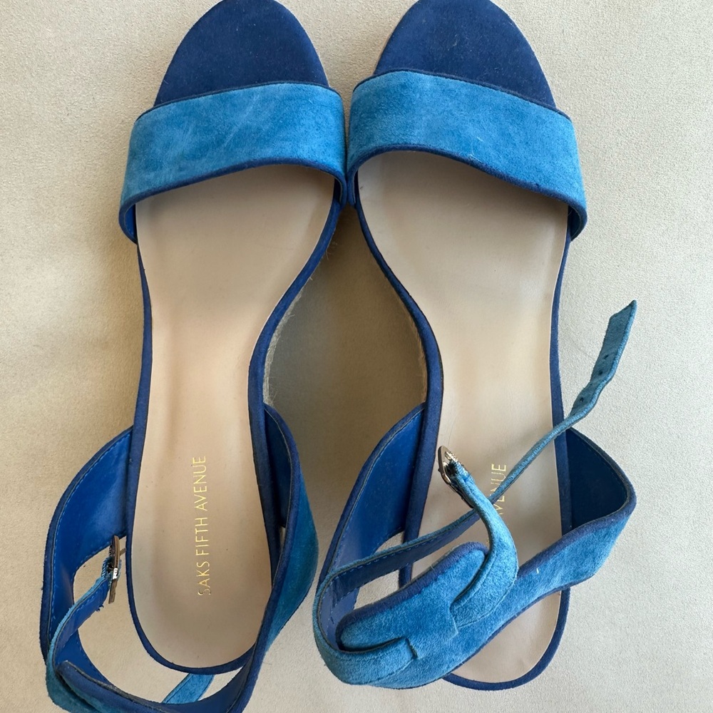 Saks Fifth Avenue Blue Wedge Espadrille Sandals with Ankle Strap